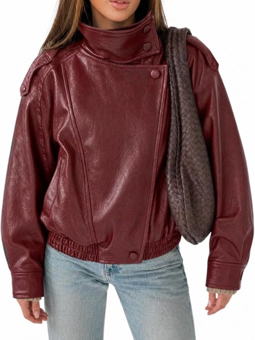 Stylish Women's Oversized Faux Leather Biker Jacket - Zip Up Motor Coat